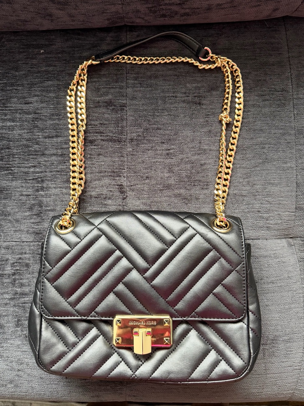 Michael Kors Black Quilted Leather Shoulder Bag with Gold Chain
